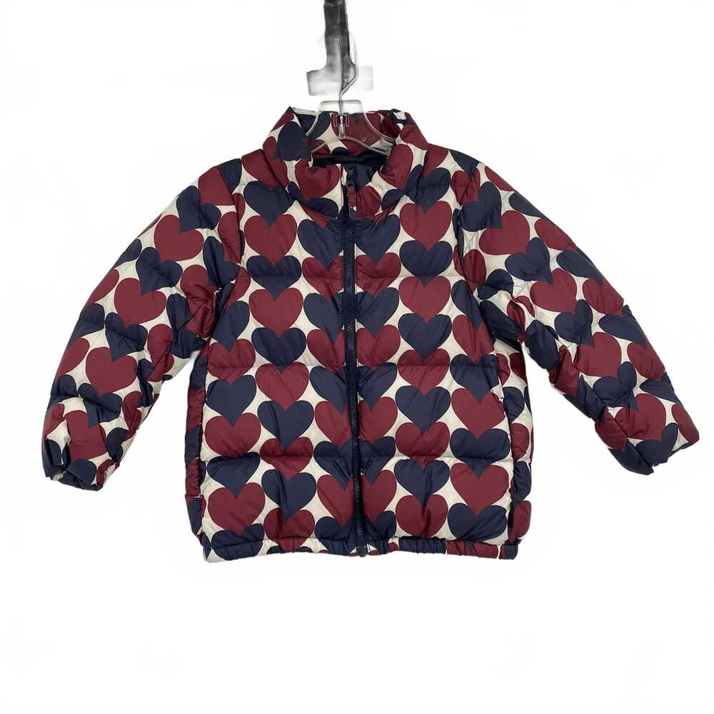 Uniqlo Burgundy Navy Heart Print Ultra Light Down Puffer Jacket | Girls 3T